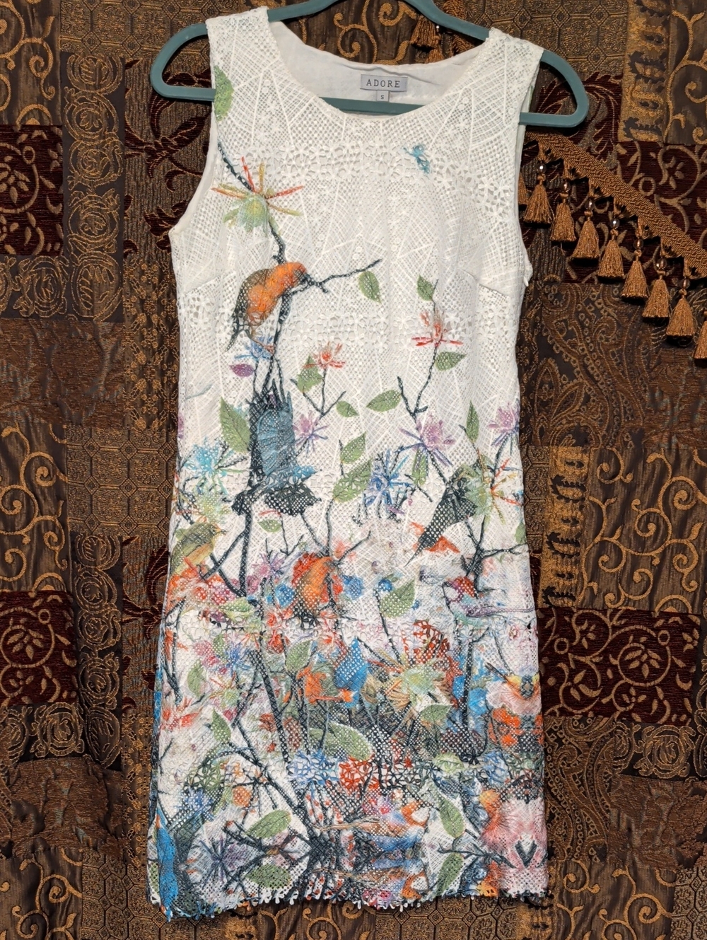 Adore White Floral & Bird Lace Shift Dress